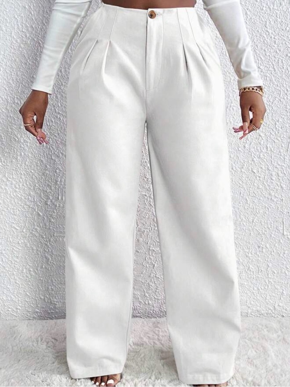 SHEIN White High-Waist Wide-Leg Pleated Trousers